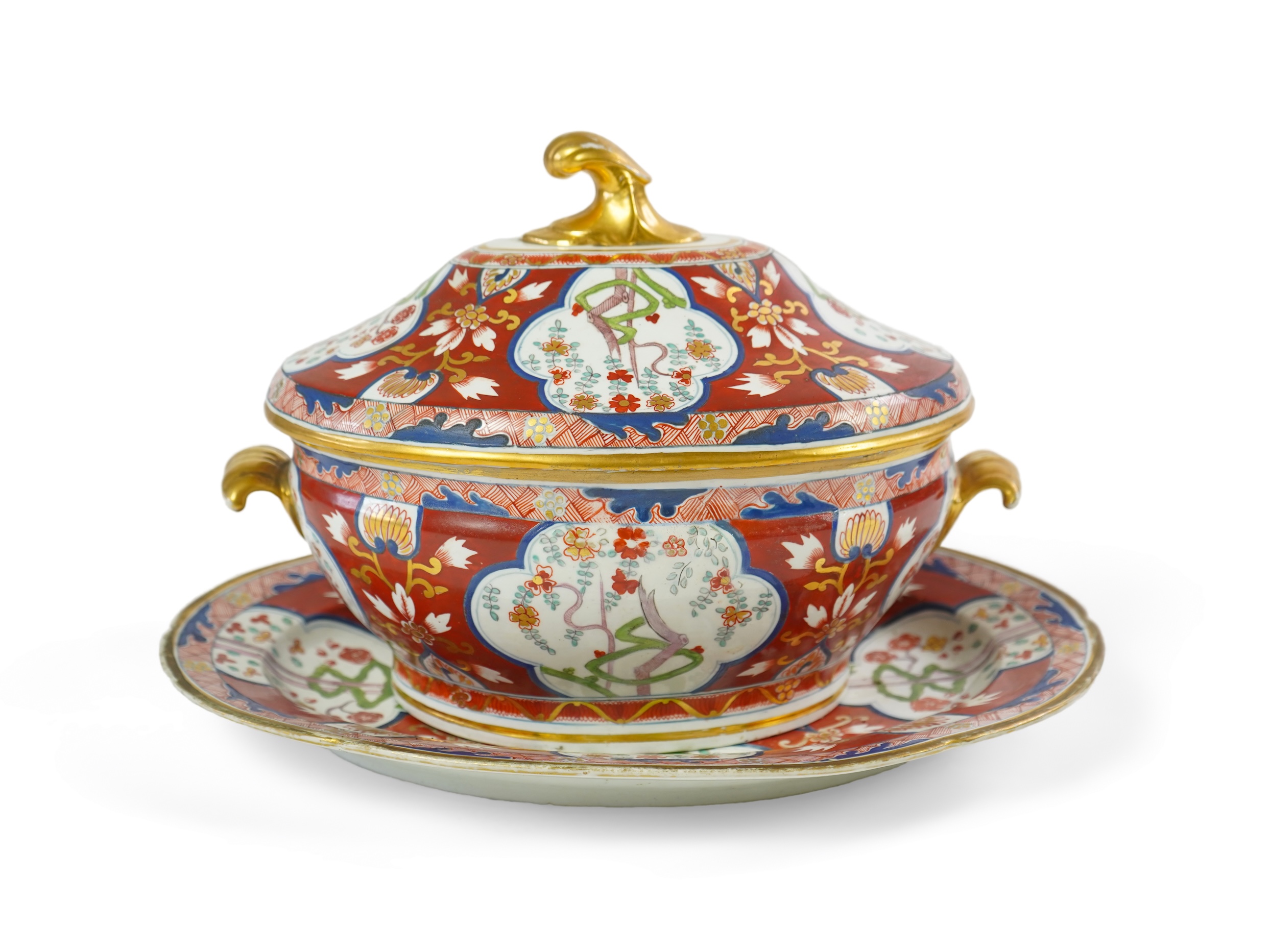 A Coalport Dollar pattern tureen and stand, c.1820